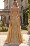 Sparkly Gold Strapless Beaded Long Mermaid Prom Dress with Side Drape