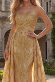 Sparkly Gold Strapless Beaded Long Mermaid Prom Dress with Side Drape