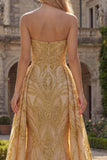 Sparkly Gold Strapless Beaded Long Mermaid Prom Dress with Side Drape