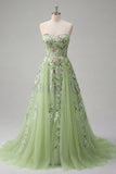 Strapless Green Embroidered A-Line Tulle Long Prom Dress