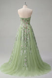 Strapless Green Embroidered A-Line Tulle Long Prom Dress