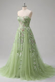 Strapless Green Embroidered A-Line Tulle Long Prom Dress