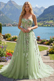 Strapless Green Embroidered A-Line Tulle Long Prom Dress