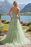 Strapless Green Embroidered A-Line Tulle Long Prom Dress