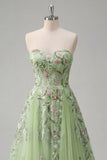 Strapless Green Embroidered A-Line Tulle Long Prom Dress