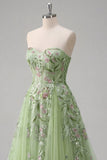 Strapless Green Embroidered A-Line Tulle Long Prom Dress
