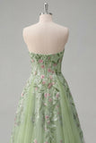 Strapless Green Embroidered A-Line Tulle Long Prom Dress