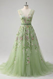 Green Floral A-Line V-Neck Embroidered Tulle Long Prom Dress