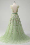 Green Floral A-Line V-Neck Embroidered Tulle Long Prom Dress