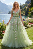 Green Floral A-Line V-Neck Embroidered Tulle Long Prom Dress
