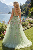Green Floral A-Line V-Neck Embroidered Tulle Long Prom Dress