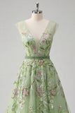 Green Floral A-Line V-Neck Embroidered Tulle Long Prom Dress