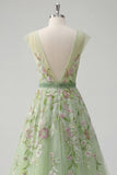Green Floral A-Line V-Neck Embroidered Tulle Long Prom Dress