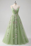 Green Floral A Line Spaghetti Straps Tulle Long Prom Dress