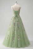 Green Floral A Line Spaghetti Straps Tulle Long Prom Dress