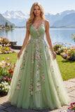 Green Floral A Line Spaghetti Straps Tulle Long Prom Dress