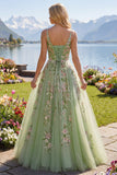 Green Floral A Line Spaghetti Straps Tulle Long Prom Dress