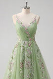 Green Floral A Line Spaghetti Straps Tulle Long Prom Dress