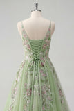 Green Floral A Line Spaghetti Straps Tulle Long Prom Dress
