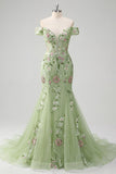Off The Shoulder Green Mermaid Embroidered Long Prom Dress