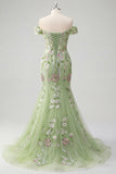 Off The Shoulder Green Mermaid Embroidered Long Prom Dress