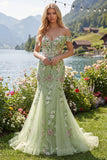 Off The Shoulder Green Mermaid Embroidered Long Prom Dress
