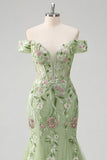 Off The Shoulder Green Mermaid Embroidered Long Prom Dress