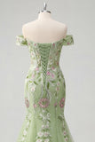Off The Shoulder Green Mermaid Embroidered Long Prom Dress