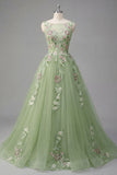 Green Floral Bateau Neck A Line Long Tulle Prom Dress with Open Back