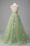 Green Floral Bateau Neck A Line Long Tulle Prom Dress with Open Back