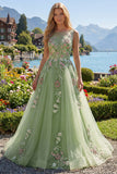 Green Floral Bateau Neck A Line Long Tulle Prom Dress with Open Back