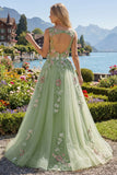 Green Floral Bateau Neck A Line Long Tulle Prom Dress with Open Back
