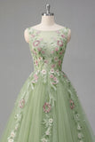 Green Floral Bateau Neck A Line Long Tulle Prom Dress with Open Back