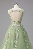 Green Floral Bateau Neck A Line Long Tulle Prom Dress with Open Back