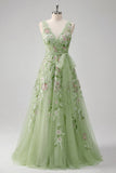 Green Floral V Neck A Line Embroidered Long Prom Dress