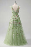 Green Floral V Neck A Line Embroidered Long Prom Dress