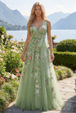 Green Floral V Neck A Line Embroidered Long Prom Dress