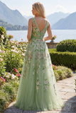 Green Floral V Neck A Line Embroidered Long Prom Dress