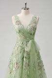 Green Floral V Neck A Line Embroidered Long Prom Dress