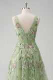 Green Floral V Neck A Line Embroidered Long Prom Dress
