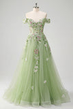 Off The Shoulder Green Floral A Line Long Tulle Prom Dress
