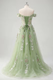 Off The Shoulder Green Floral A Line Long Tulle Prom Dress