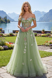 Off The Shoulder Green Floral A Line Long Tulle Prom Dress