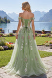 Off The Shoulder Green Floral A Line Long Tulle Prom Dress
