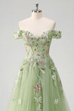 Off The Shoulder Green Floral A Line Long Tulle Prom Dress