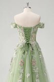 Off The Shoulder Green Floral A Line Long Tulle Prom Dress