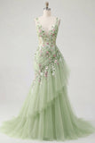 Green Ruffled Mermaid Floral Long Prom Dress with Embroidery