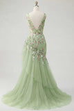 Green Ruffled Mermaid Floral Long Prom Dress with Embroidery