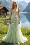 Green Ruffled Mermaid Floral Long Prom Dress with Embroidery