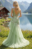Green Ruffled Mermaid Floral Long Prom Dress with Embroidery